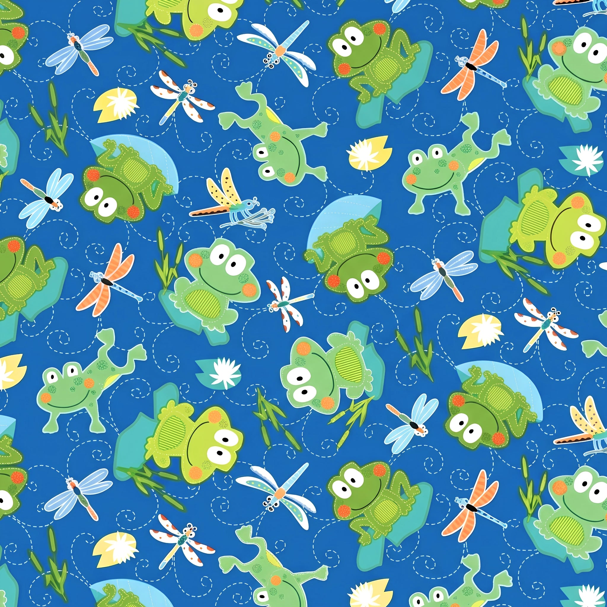 Cartoon frogs and dragonflies blue novelty kids quilting fabric for boys' quilts children's patchwork and novelty sewing projects