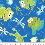 Cartoon frogs and dragonflies blue novelty kids quilting fabric for boys' quilts children's patchwork and novelty sewing projects