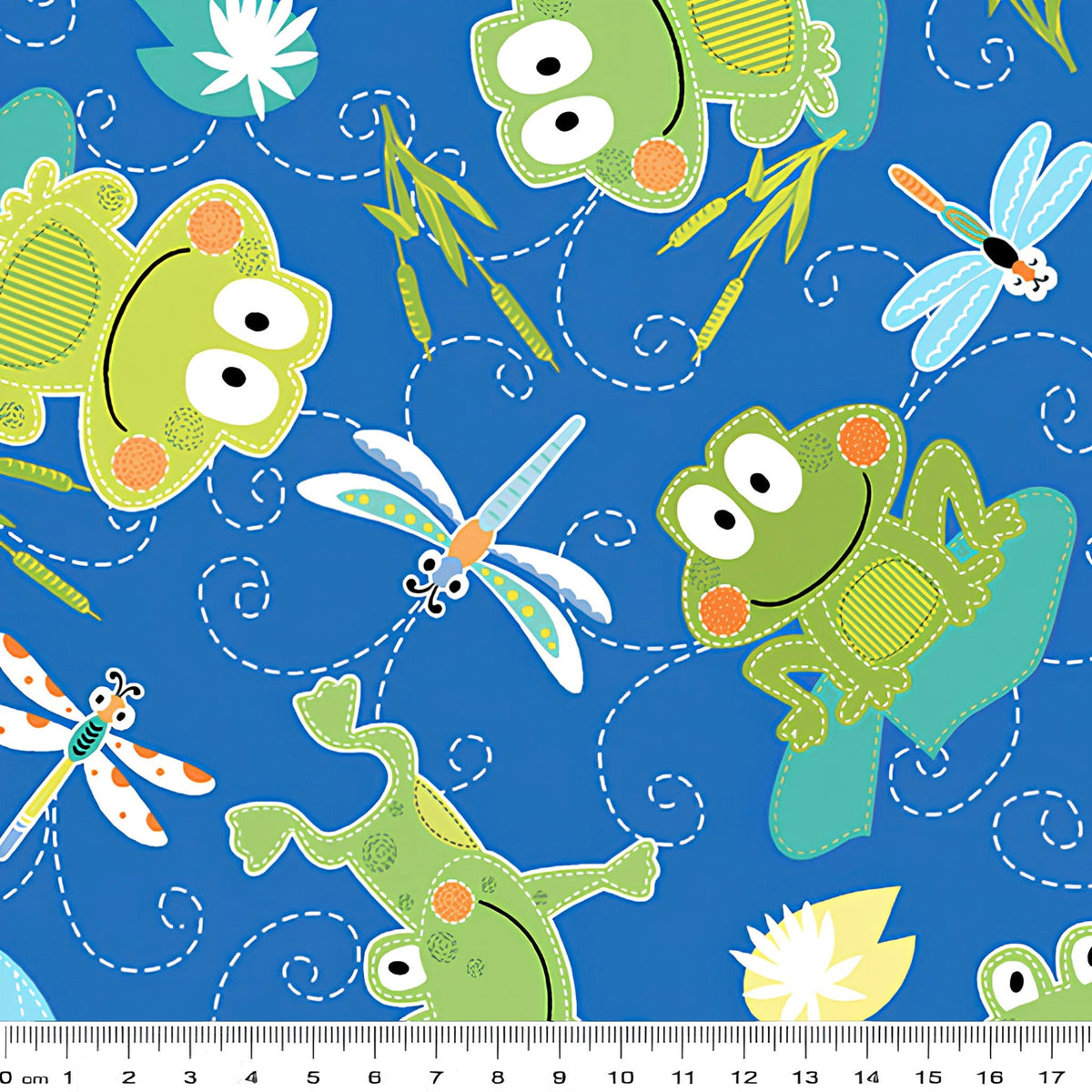 Cartoon frogs and dragonflies blue novelty kids quilting fabric for boys' quilts children's patchwork and novelty sewing projects