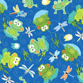 Cartoon frogs and dragonflies blue novelty kids quilting fabric for boys' quilts children's patchwork and novelty sewing projects