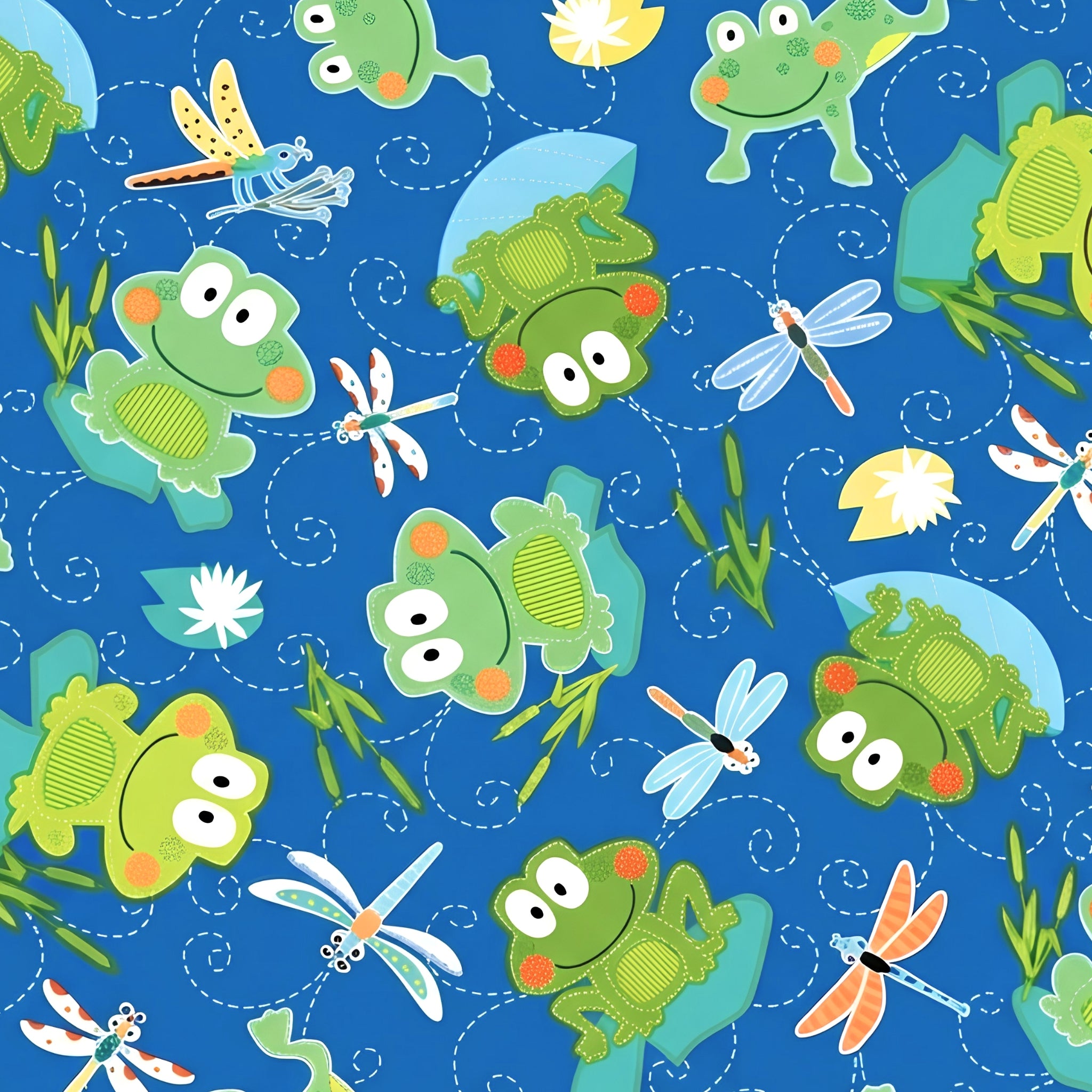 Cartoon frogs and dragonflies blue novelty kids quilting fabric for boys' quilts children's patchwork and novelty sewing projects