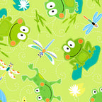 Cartoon frogs and dragonflies lime green novelty kids quilting fabric for boys' quilts children's patchwork and novelty sewing projects