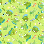 Cartoon frogs and dragonflies lime green novelty kids quilting fabric for boys' quilts children's patchwork and novelty sewing projects