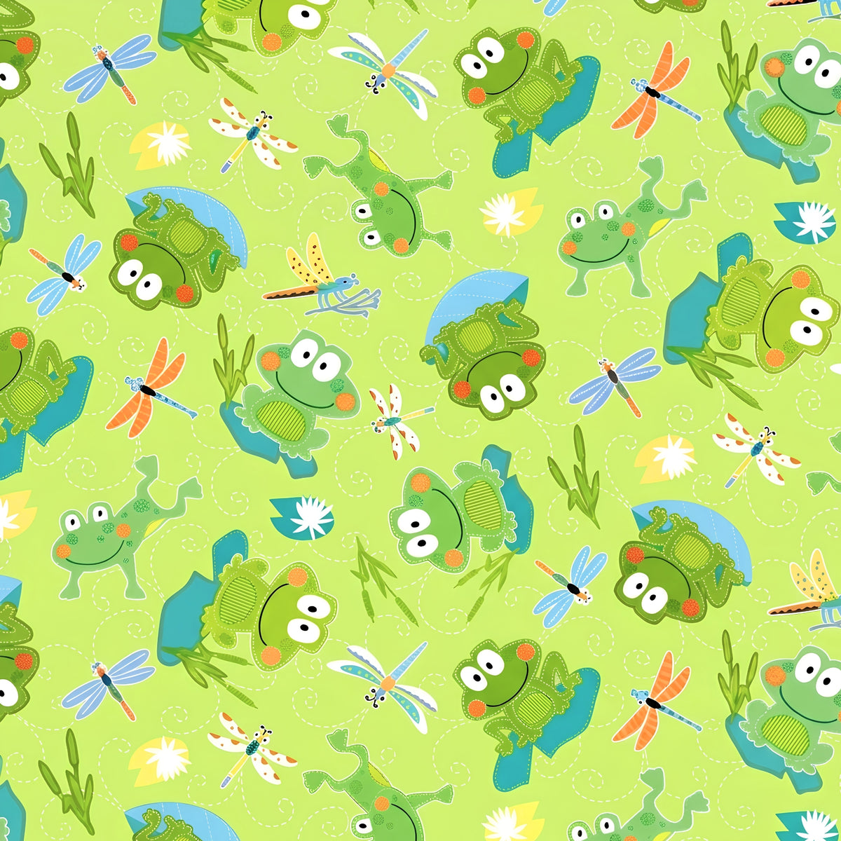 Cartoon frogs and dragonflies lime green novelty kids quilting fabric for boys' quilts children's patchwork and novelty sewing projects