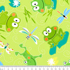 Cartoon frogs and dragonflies lime green novelty kids quilting fabric for boys' quilts children's patchwork and novelty sewing projects