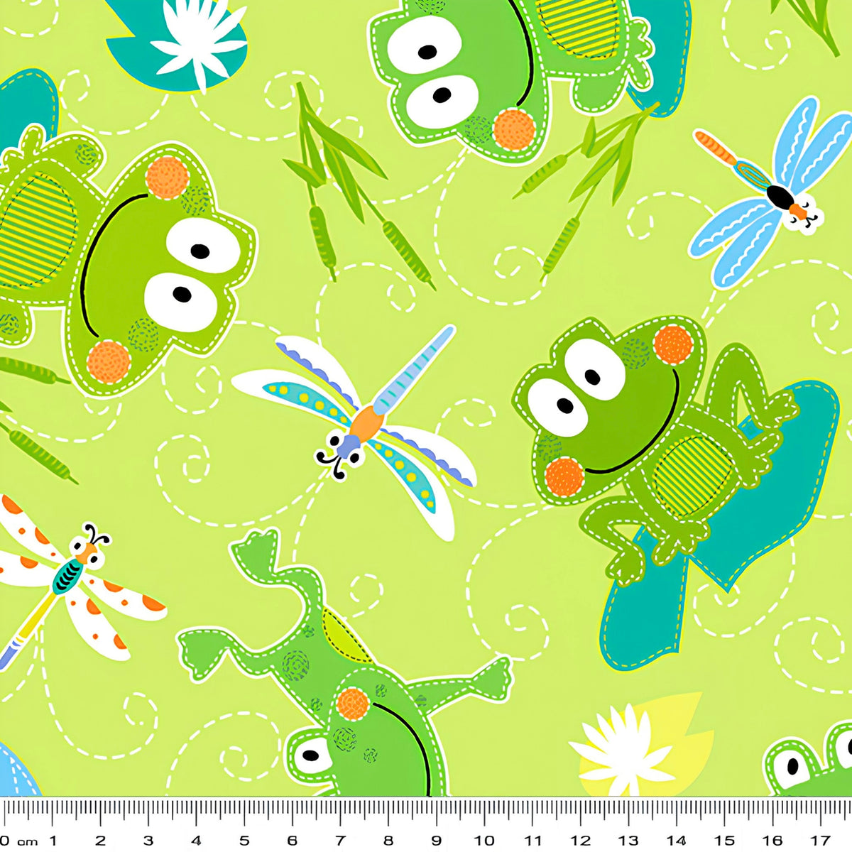 Cartoon frogs and dragonflies lime green novelty kids quilting fabric for boys' quilts children's patchwork and novelty sewing projects