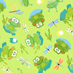 Cartoon frogs and dragonflies lime green novelty kids quilting fabric for boys' quilts children's patchwork and novelty sewing projects