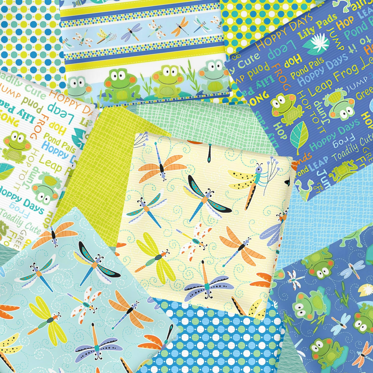 Toadily Cute fat quarter bundle 12 frog dragonfly novelty quilting fabrics blue lime teal for kids baby quilts and patchwork projects