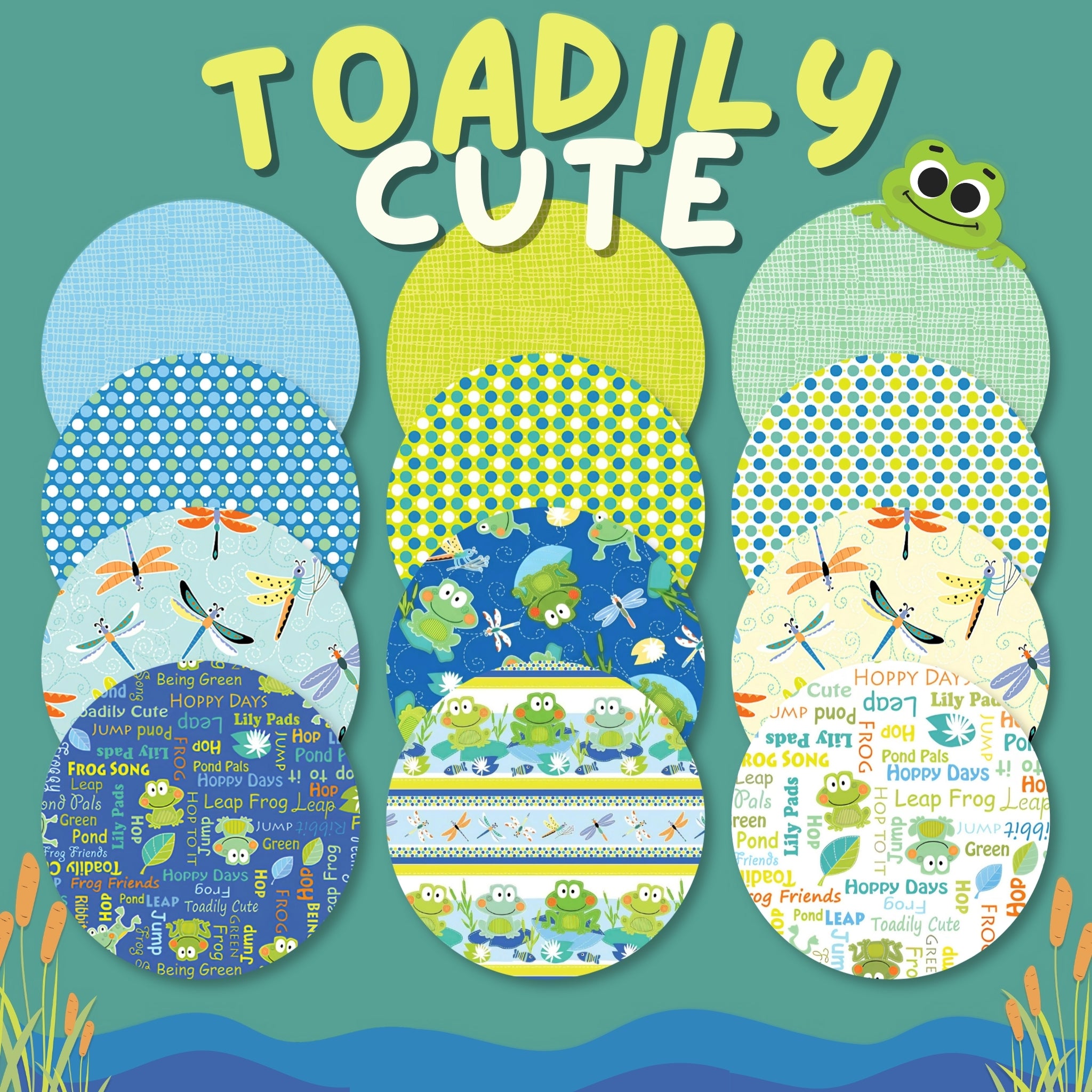Toadily Cute fat quarter bundle 12 frog dragonfly novelty quilting fabrics blue lime teal for kids baby quilts and patchwork projects