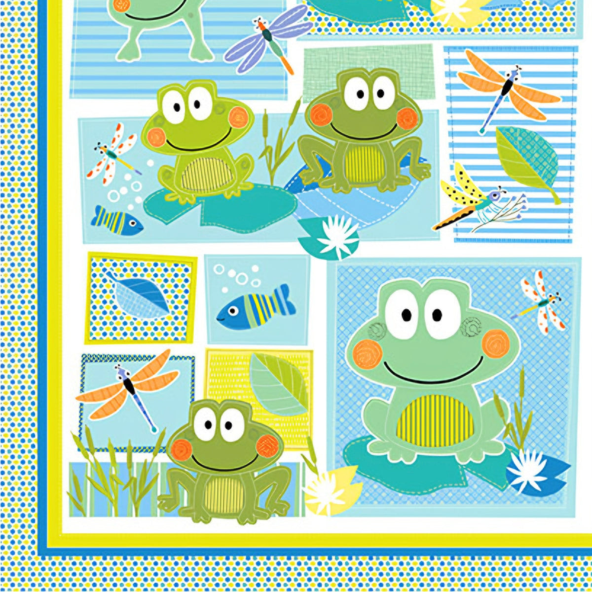 Cute frog dragonfly fish turtle panel fabric blue lime teal kids baby quilt panel for boys' quilts wall hangings and nursery gifts
