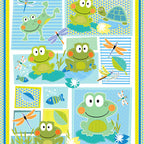 Cute frog dragonfly fish turtle panel fabric blue lime teal kids baby quilt panel for boys' quilts wall hangings and nursery gifts
