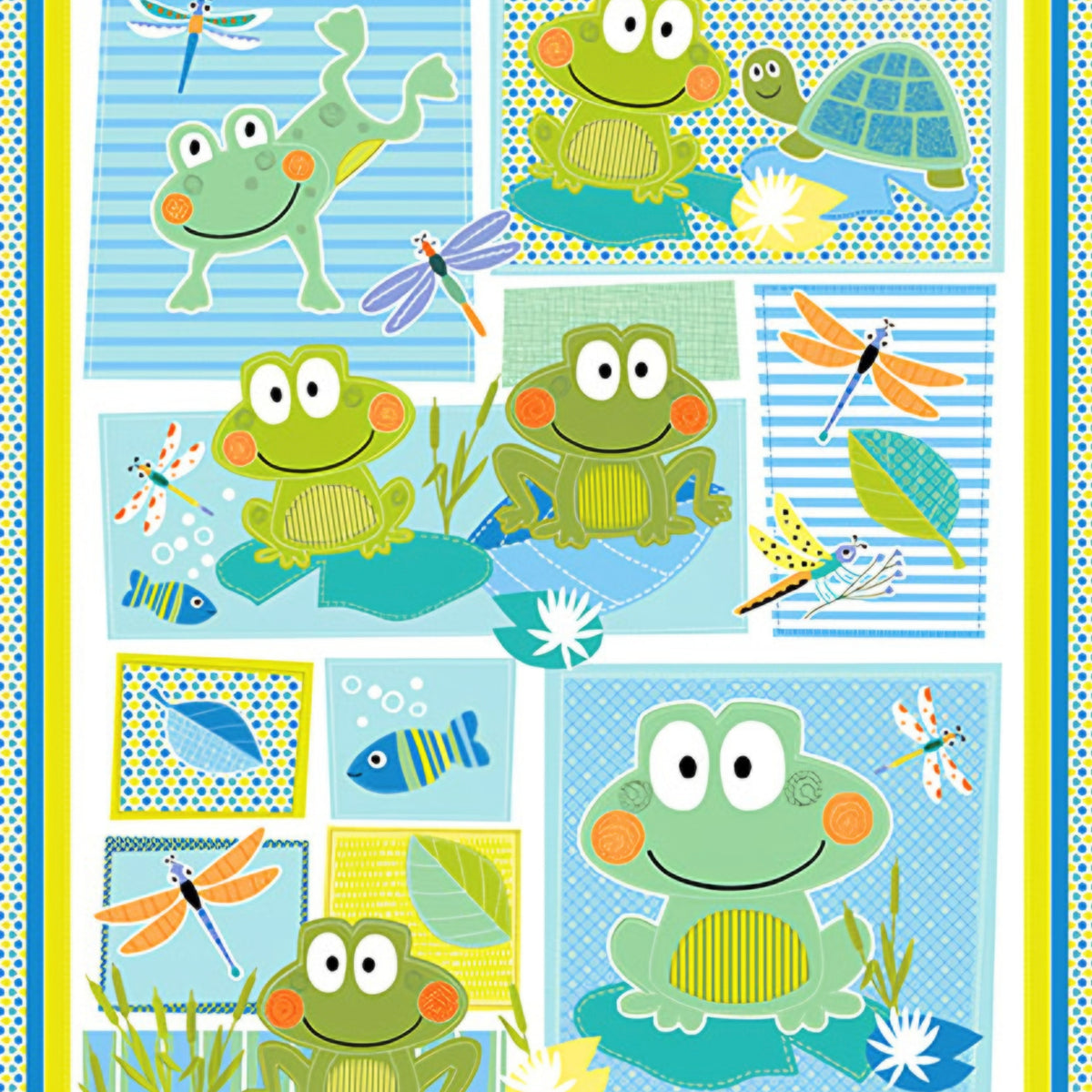 Cute frog dragonfly fish turtle panel fabric blue lime teal kids baby quilt panel for boys' quilts wall hangings and nursery gifts