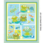 Cute frog dragonfly fish turtle panel fabric blue lime teal kids baby quilt panel for boys' quilts wall hangings and nursery gifts