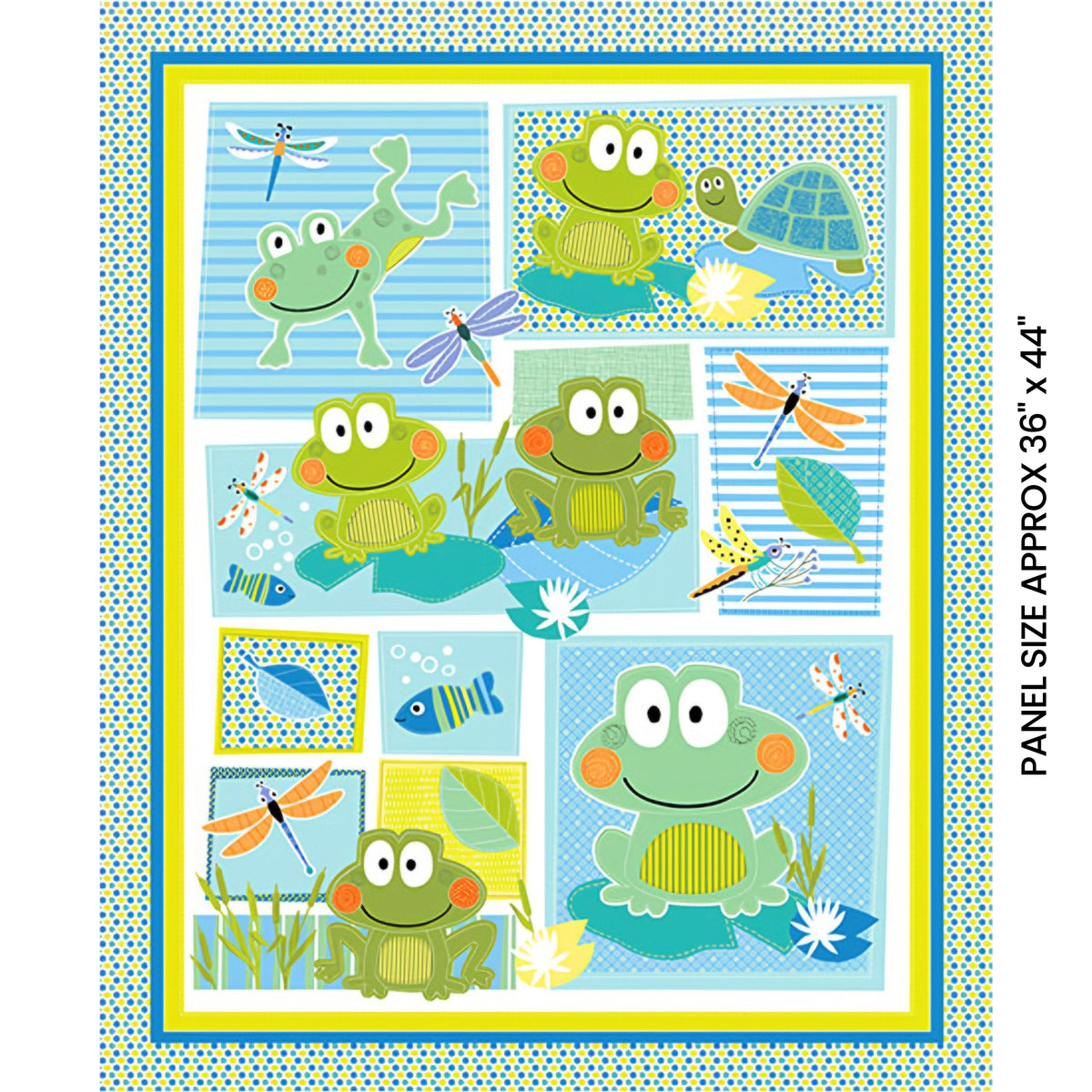 Cute frog dragonfly fish turtle panel fabric blue lime teal kids baby quilt panel for boys' quilts wall hangings and nursery gifts