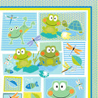 Cute frog dragonfly fish turtle panel fabric blue lime teal kids baby quilt panel for boys' quilts wall hangings and nursery gifts