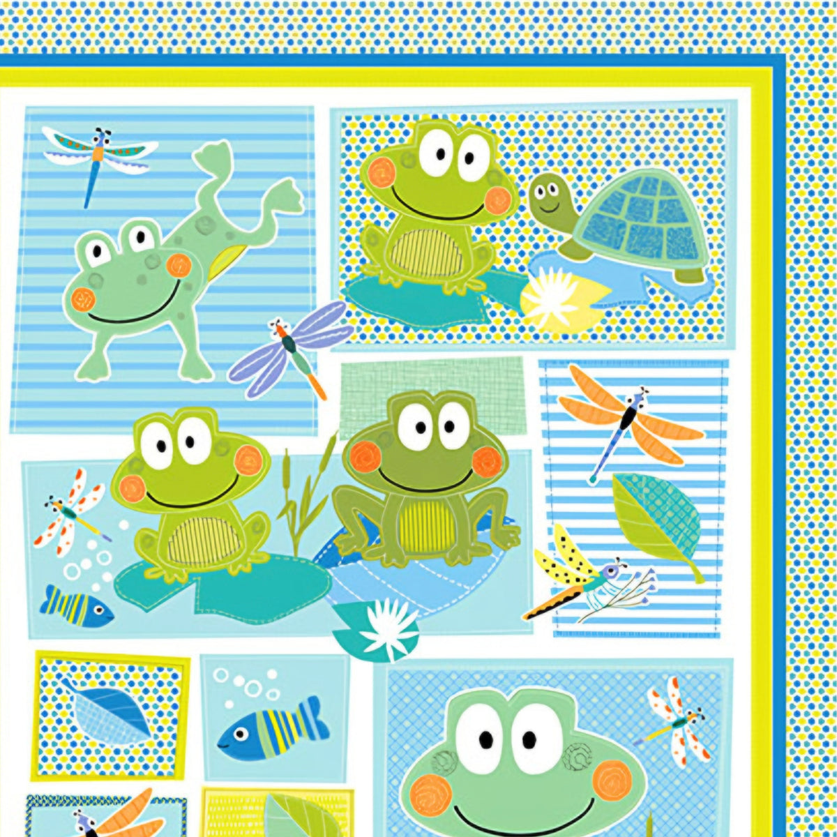 Cute frog dragonfly fish turtle panel fabric blue lime teal kids baby quilt panel for boys' quilts wall hangings and nursery gifts