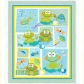 Cute frog dragonfly fish turtle panel fabric blue lime teal kids baby quilt panel for boys' quilts wall hangings and nursery gifts
