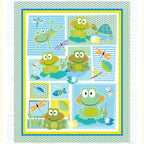 Cute frog dragonfly fish turtle panel fabric blue lime teal kids baby quilt panel for boys' quilts wall hangings and nursery gifts