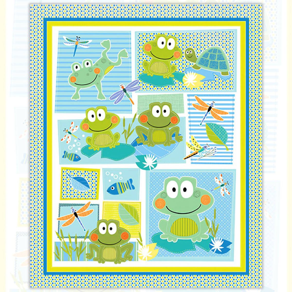 Cute frog dragonfly fish turtle panel fabric blue lime teal kids baby quilt panel for boys' quilts wall hangings and nursery gifts