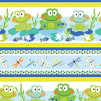 Frog dragonfly novelty stripe border quilting fabric blue lime yellow white for kids boys baby quilts borders and patchwork projects