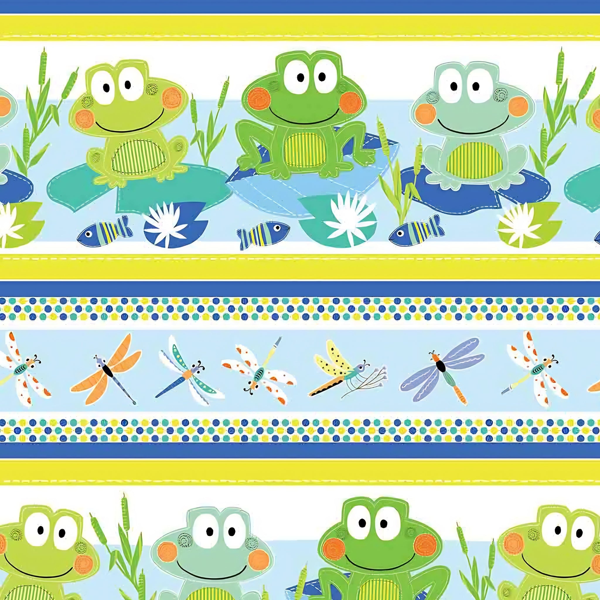 Frog dragonfly novelty stripe border quilting fabric blue lime yellow white for kids boys baby quilts borders and patchwork projects