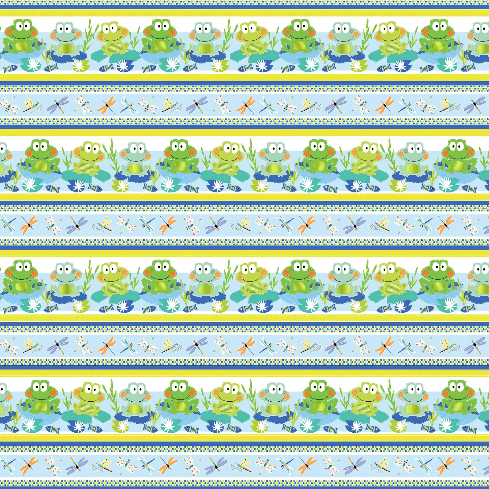Frog dragonfly novelty stripe border quilting fabric blue lime yellow white for kids boys baby quilts borders and patchwork projects