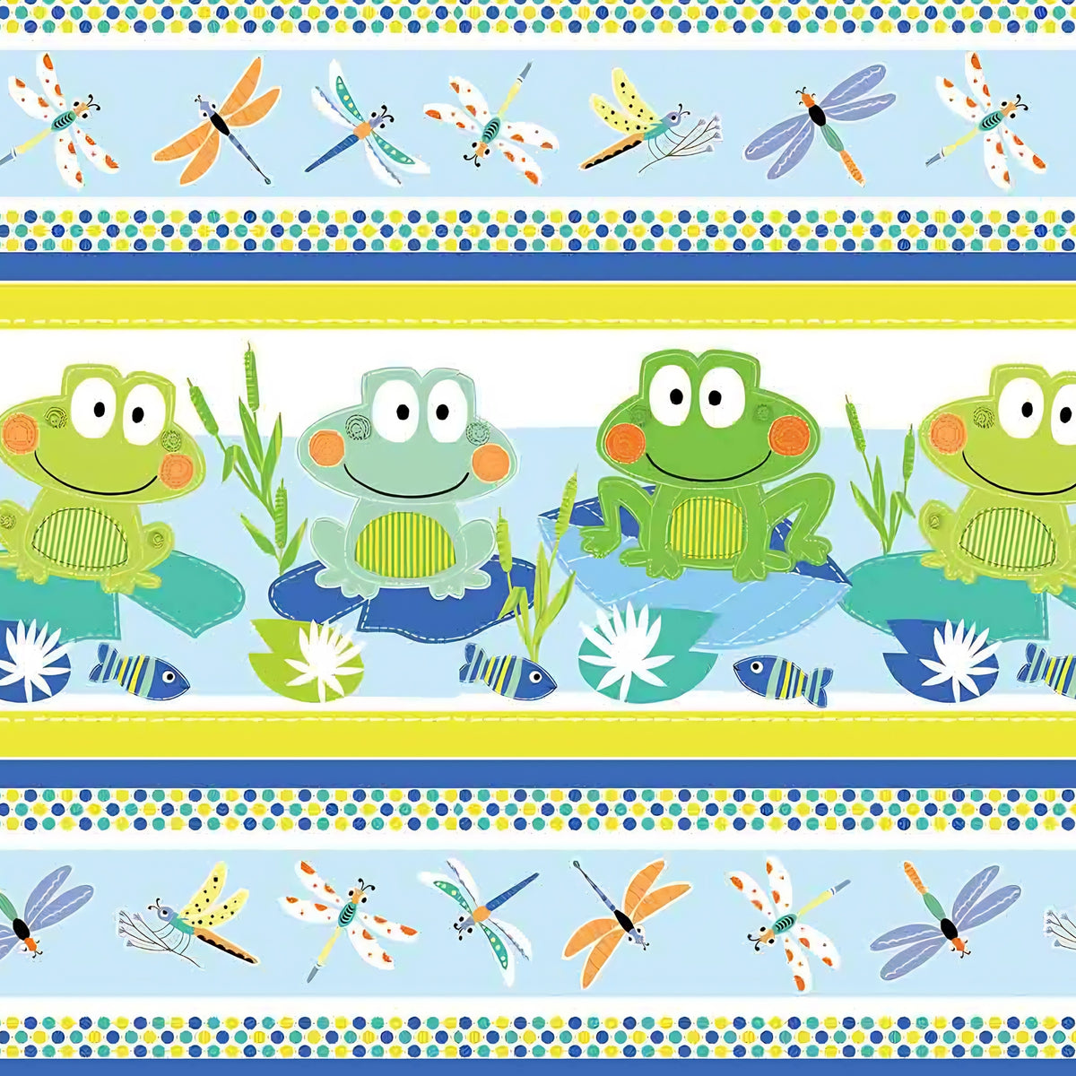 Frog dragonfly novelty stripe border quilting fabric blue lime yellow white for kids boys baby quilts borders and patchwork projects