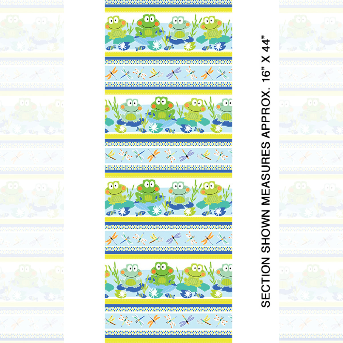 Frog dragonfly novelty stripe border quilting fabric blue lime yellow white for kids boys baby quilts borders and patchwork projects