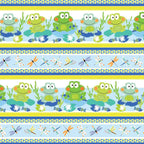 Frog dragonfly novelty stripe border quilting fabric blue lime yellow white for kids boys baby quilts borders and patchwork projects