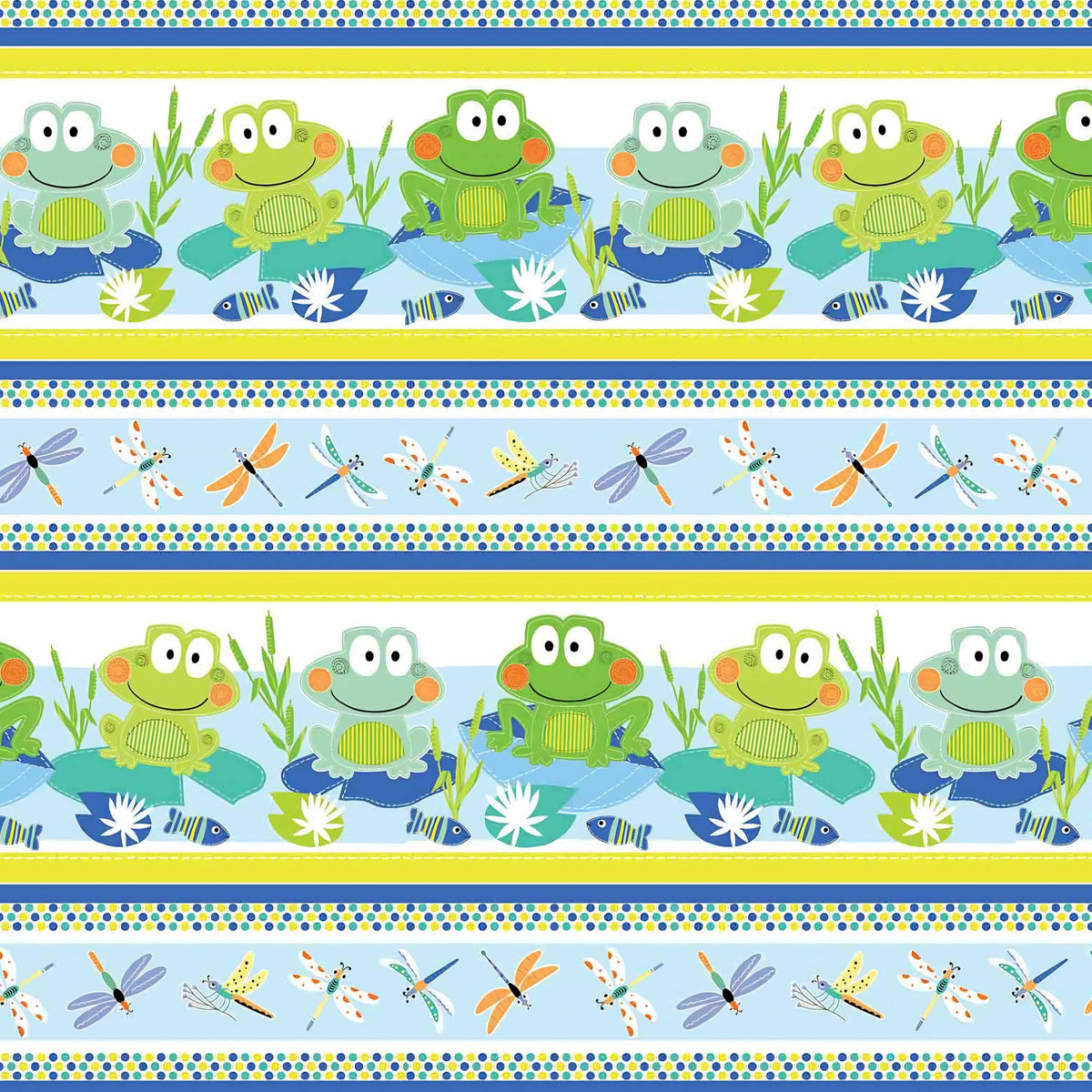 Frog dragonfly novelty stripe border quilting fabric blue lime yellow white for kids boys baby quilts borders and patchwork projects