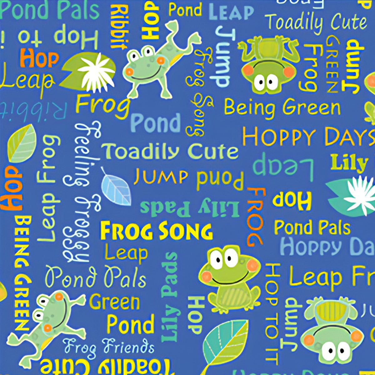 Frog words hop leap ribbit novelty kids quilting fabric blue for boys' quilts children's patchwork and novelty sewing projects