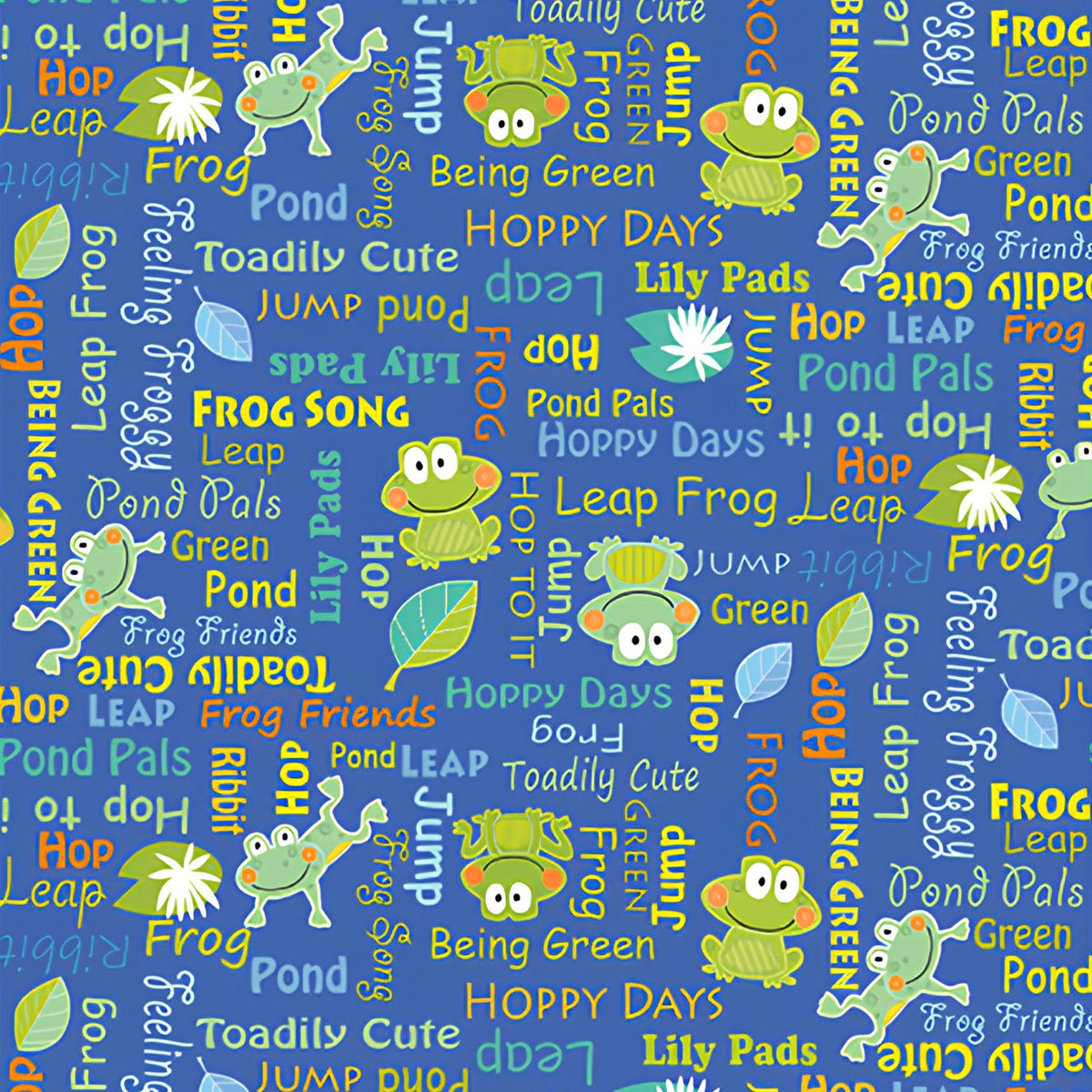 Frog words hop leap ribbit novelty kids quilting fabric blue for boys' quilts children's patchwork and novelty sewing projects