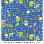 Frog words hop leap ribbit novelty kids quilting fabric blue for boys' quilts children's patchwork and novelty sewing projects