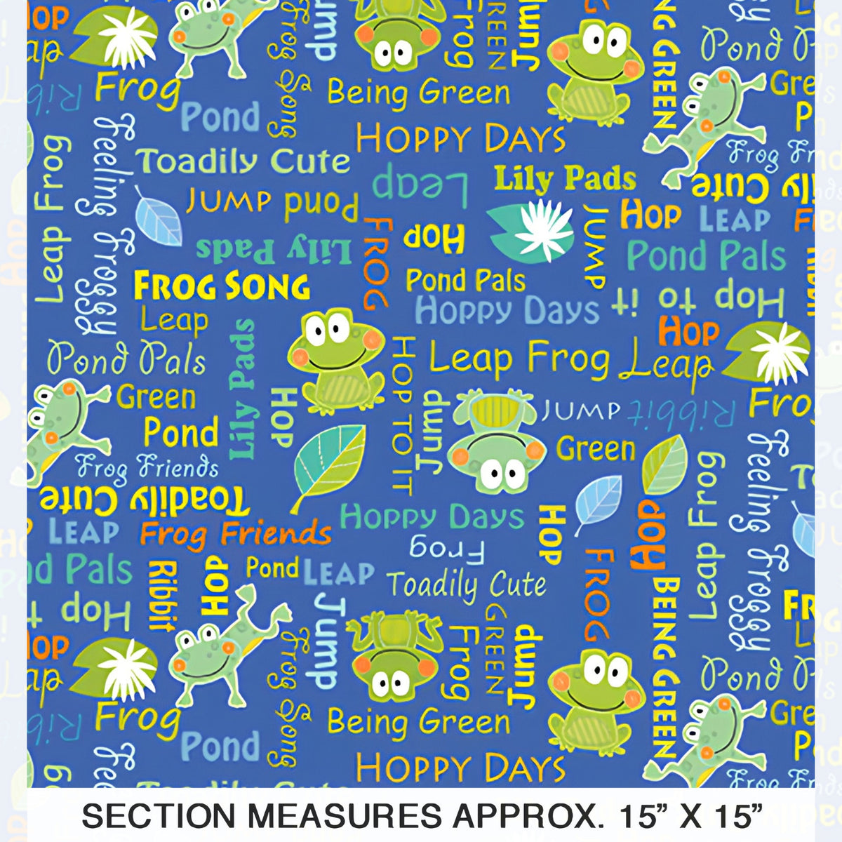 Frog words hop leap ribbit novelty kids quilting fabric blue for boys' quilts children's patchwork and novelty sewing projects