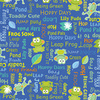 Frog words hop leap ribbit novelty kids quilting fabric blue for boys' quilts children's patchwork and novelty sewing projects