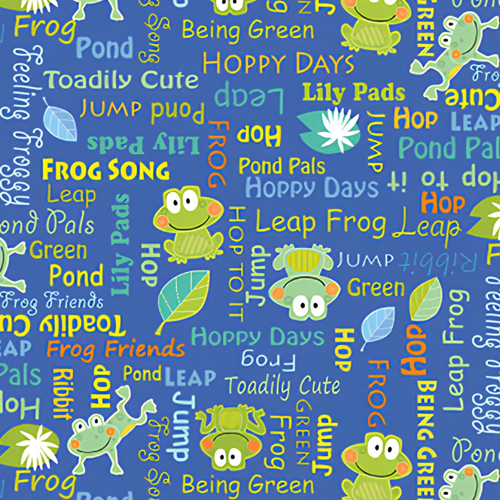 Frog words hop leap ribbit novelty kids quilting fabric blue for boys' quilts children's patchwork and novelty sewing projects