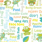 Frog words hop leap ribbit novelty kids quilting fabric white for boys' quilts children's patchwork and novelty sewing projects