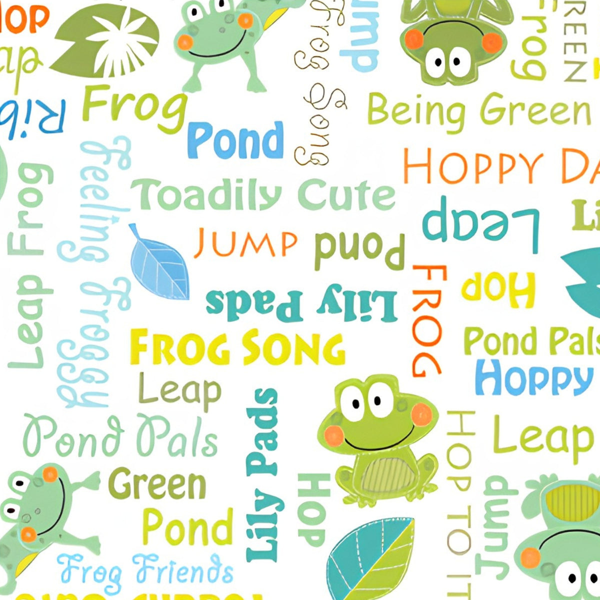 Frog words hop leap ribbit novelty kids quilting fabric white for boys' quilts children's patchwork and novelty sewing projects