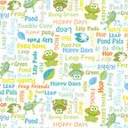 Frog words hop leap ribbit novelty kids quilting fabric white for boys' quilts children's patchwork and novelty sewing projects