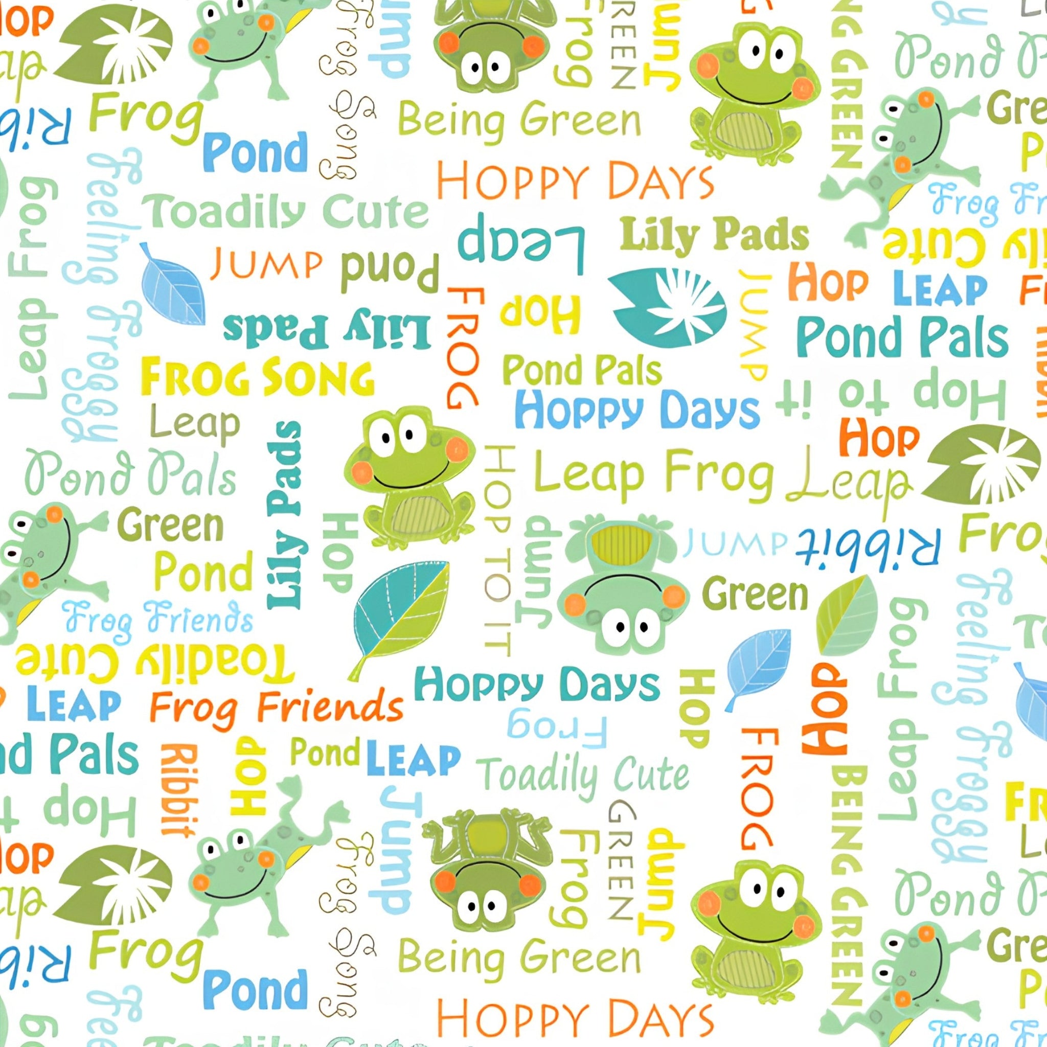 Frog words hop leap ribbit novelty kids quilting fabric white for boys' quilts children's patchwork and novelty sewing projects