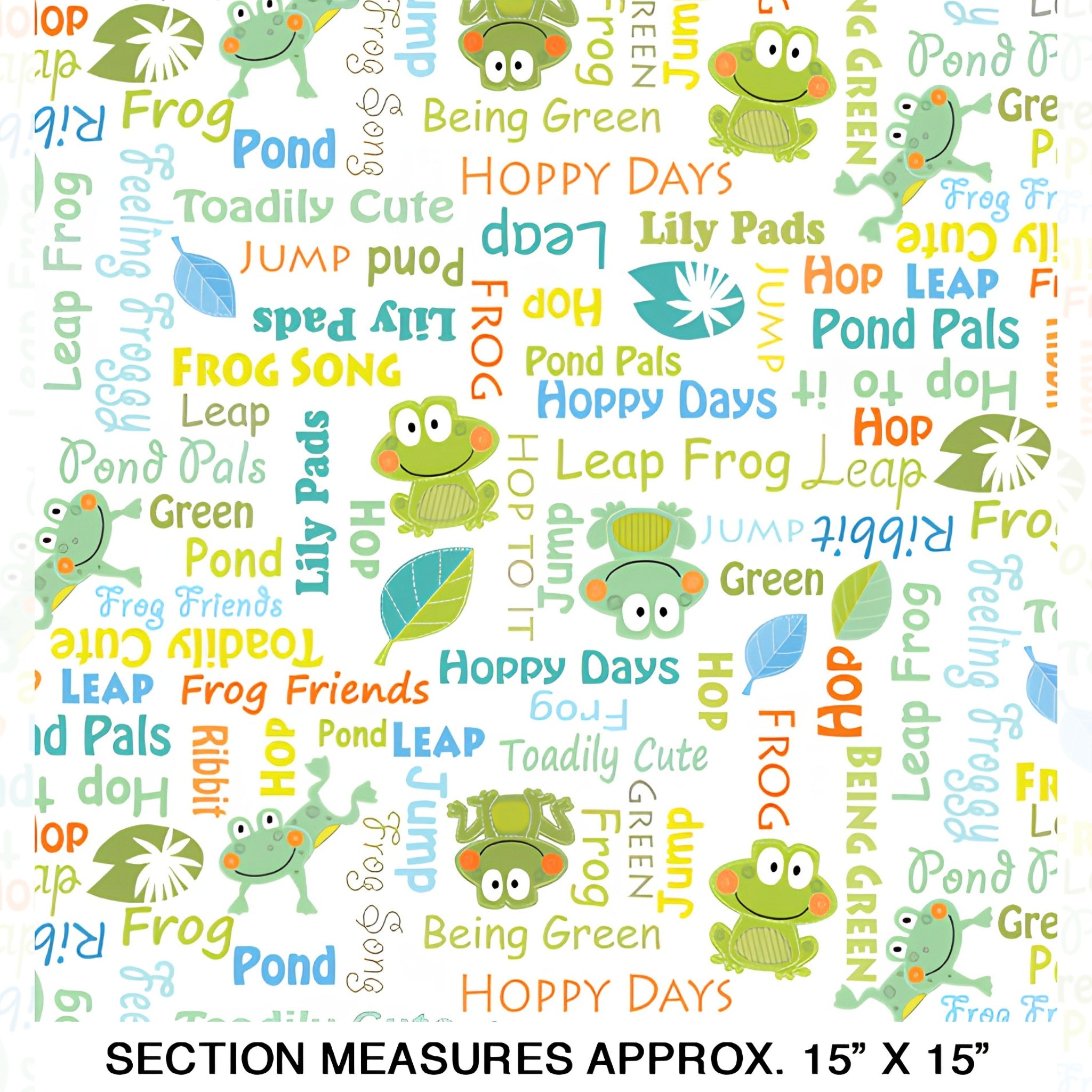 Frog words hop leap ribbit novelty kids quilting fabric white for boys' quilts children's patchwork and novelty sewing projects