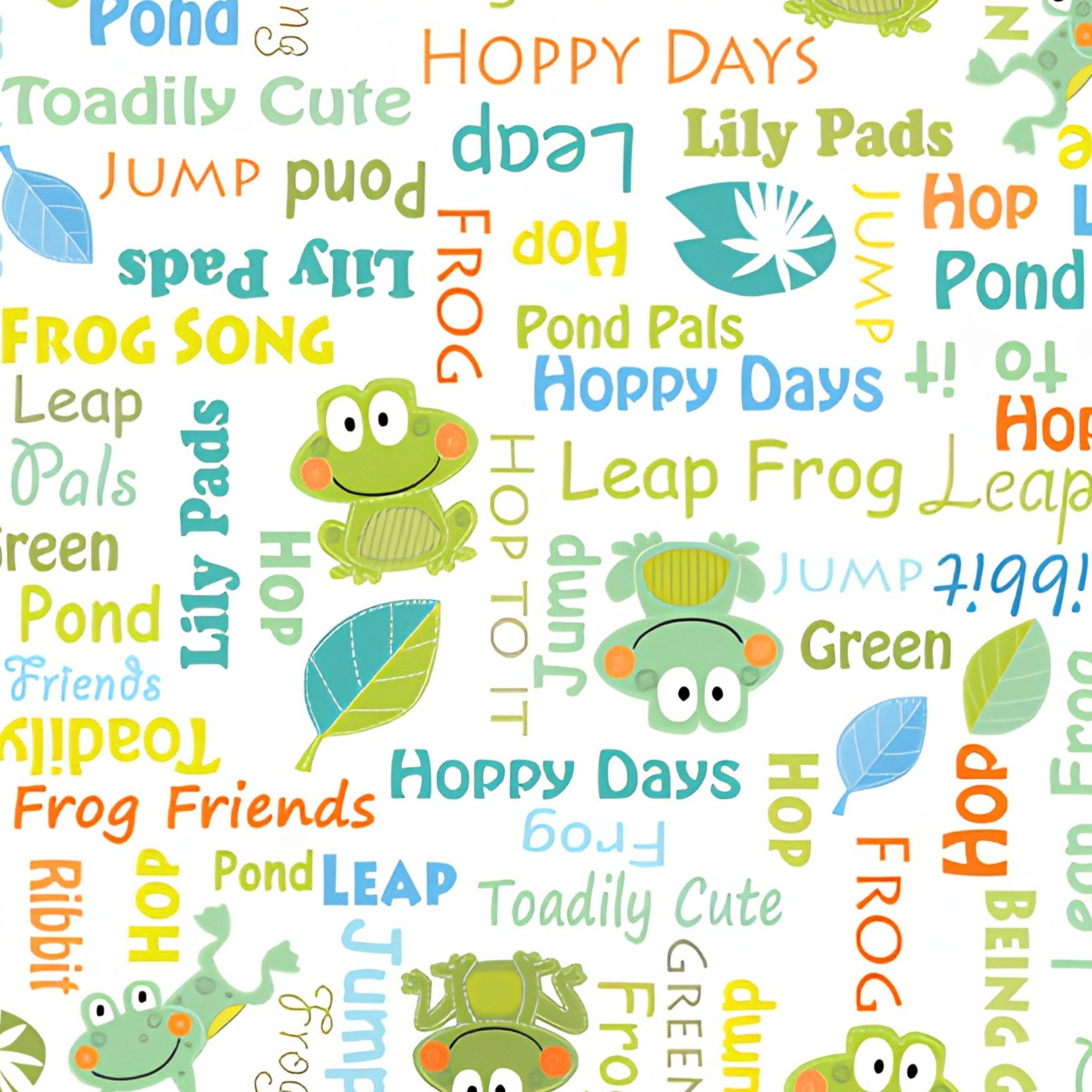 Frog words hop leap ribbit novelty kids quilting fabric white for boys' quilts children's patchwork and novelty sewing projects