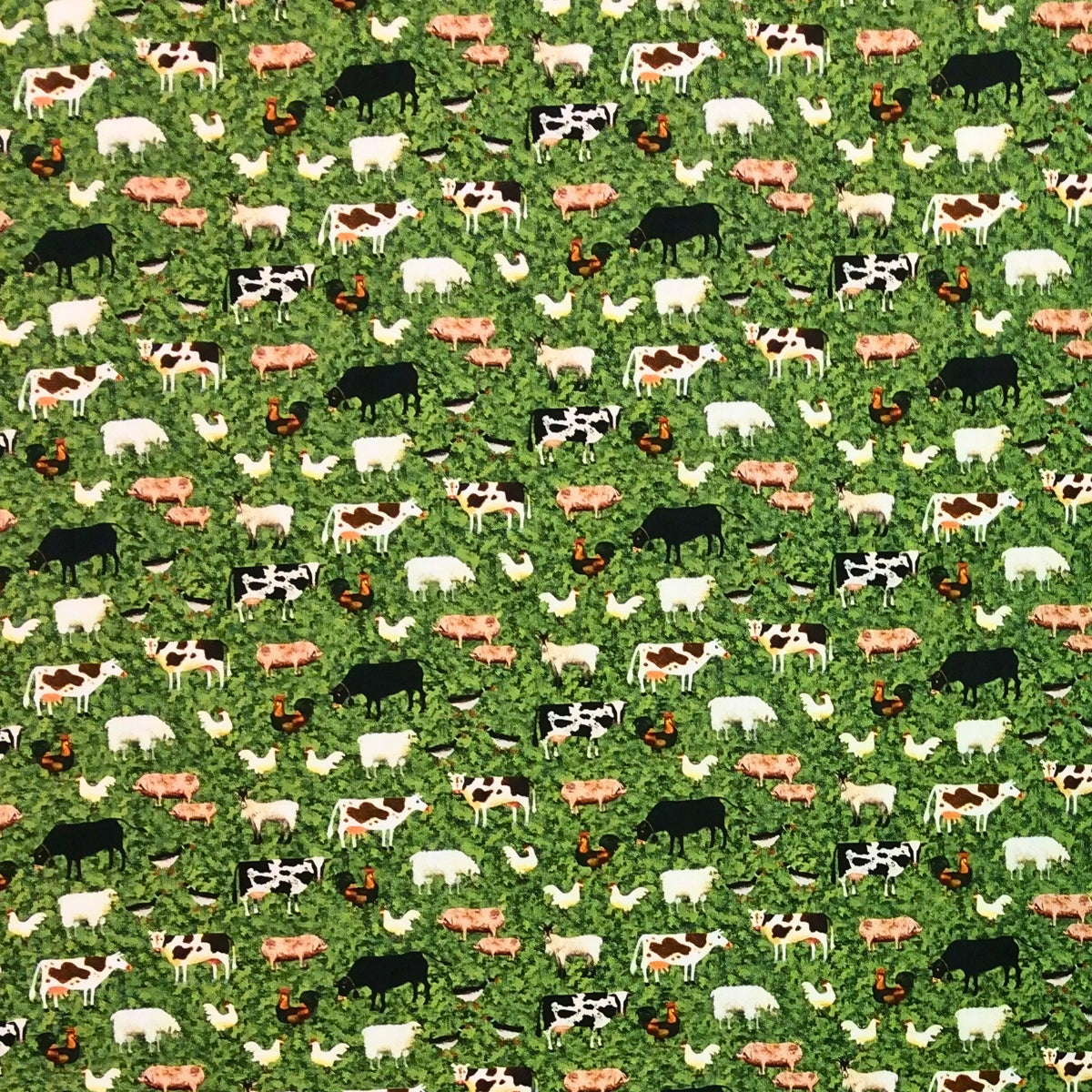 Farm animals fabric cows sheep pigs chickens green pasture fabric for children's quilts nursery décor and farm-themed projects