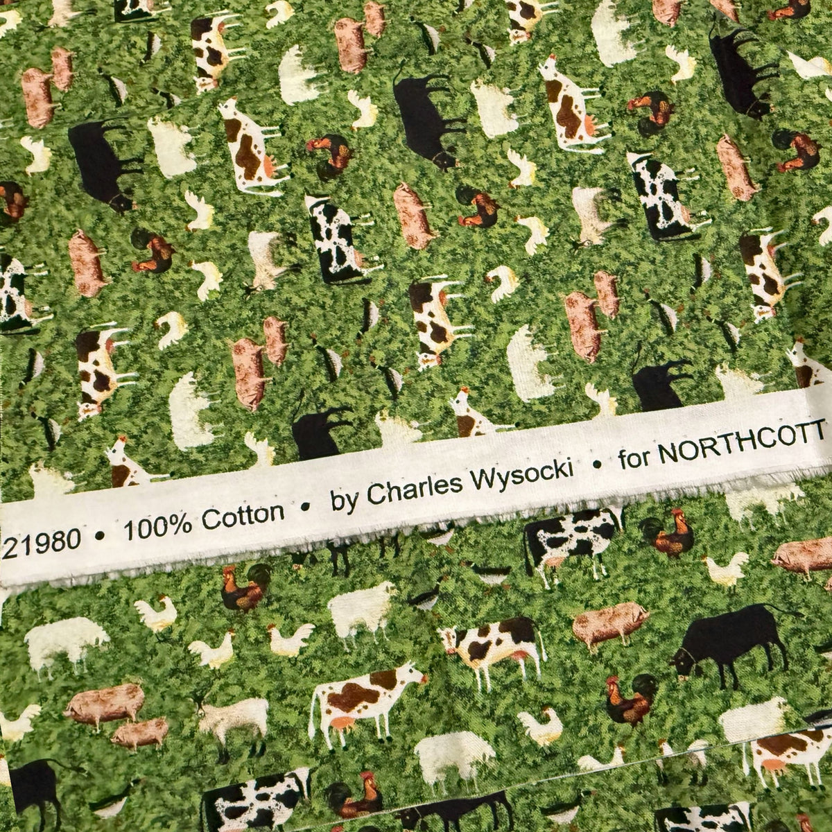 Farm animals fabric cows sheep pigs chickens green pasture fabric for children's quilts nursery décor and farm-themed projects