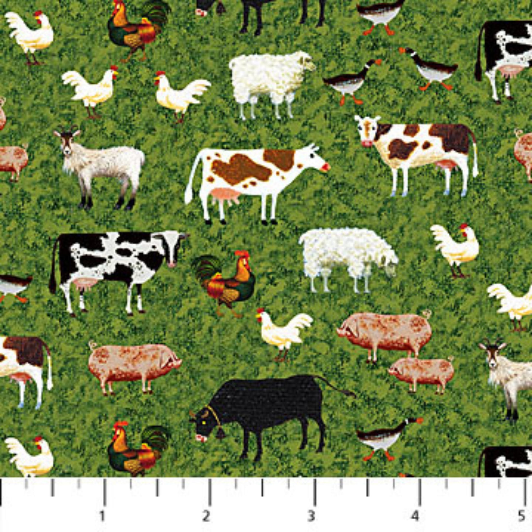 Farm animals fabric cows sheep pigs chickens green pasture fabric for children's quilts nursery décor and farm-themed projects