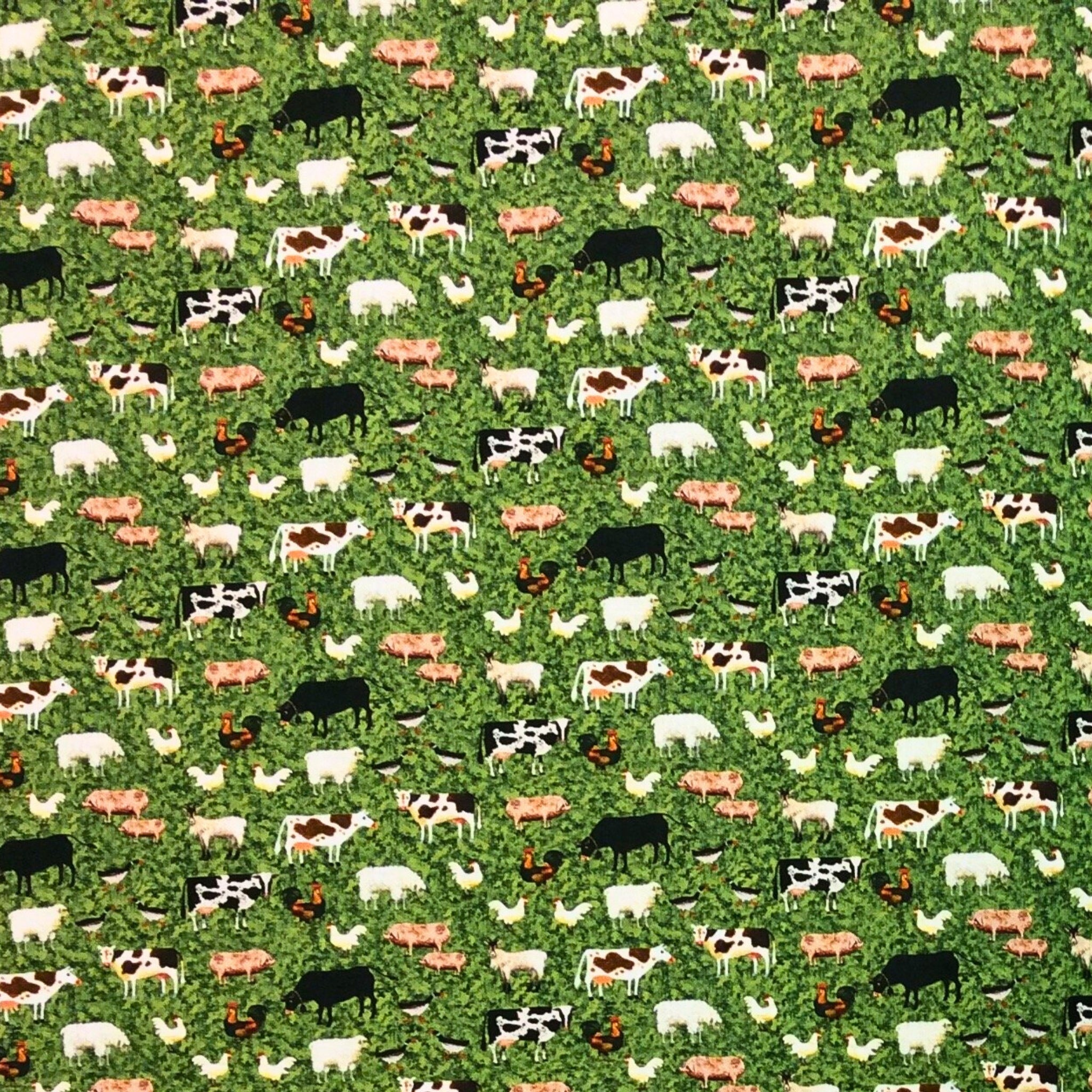 Farm animals fabric cows sheep pigs chickens green pasture fabric for children's quilts nursery décor and farm-themed projects