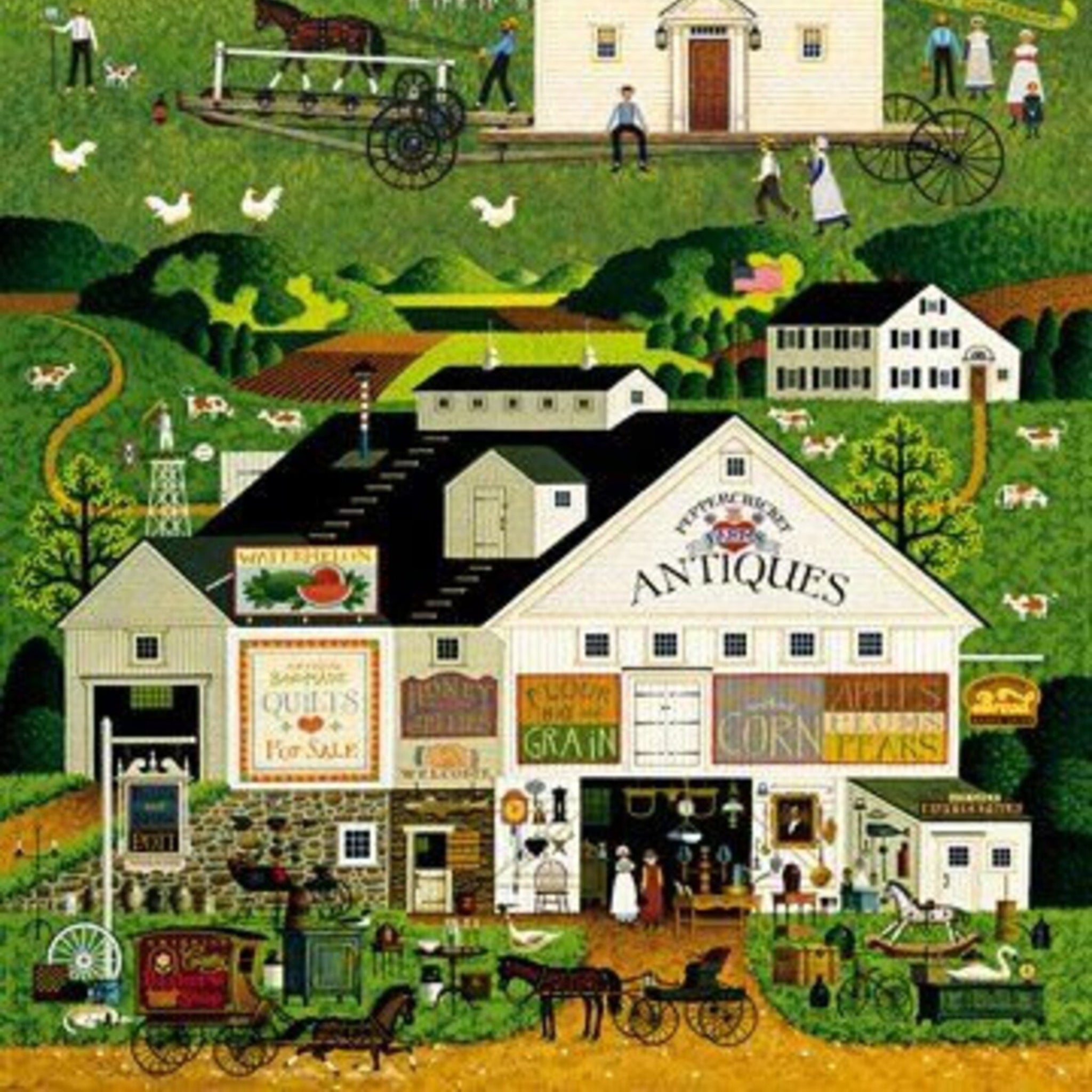 Town and Country panel Charles Wysocki red barn farmhouse covered bridge antiques shop fabric for wall hangings and country-themed quilts