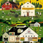 Town and Country panel Charles Wysocki red barn farmhouse covered bridge antiques shop fabric for wall hangings and country-themed quilts