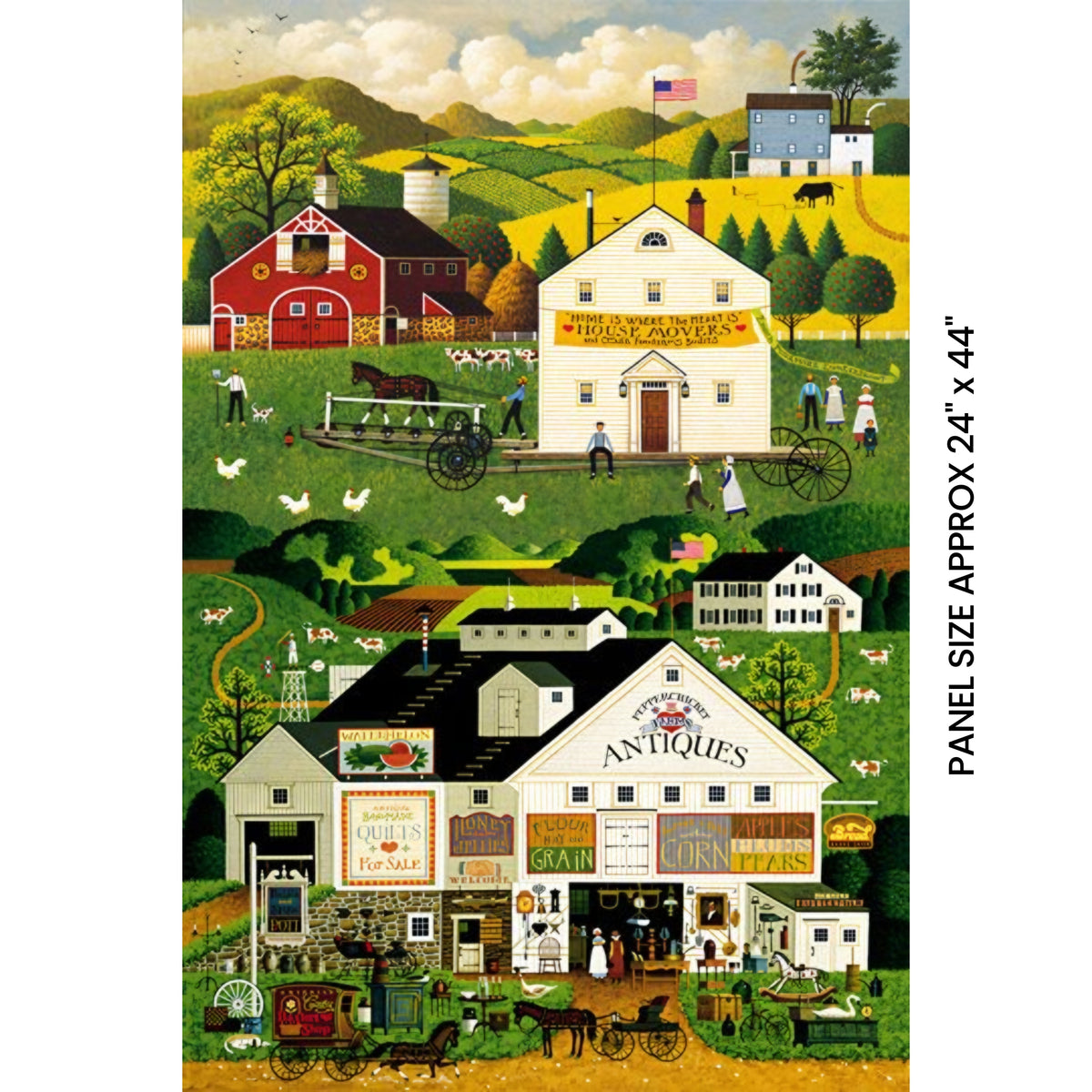 Town and Country panel Charles Wysocki red barn farmhouse covered bridge antiques shop fabric for wall hangings and country-themed quilts
