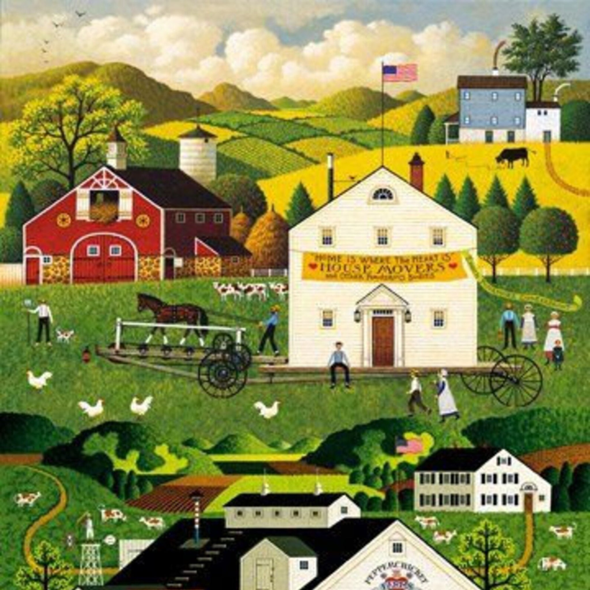 Town and Country panel Charles Wysocki red barn farmhouse covered bridge antiques shop fabric for wall hangings and country-themed quilts